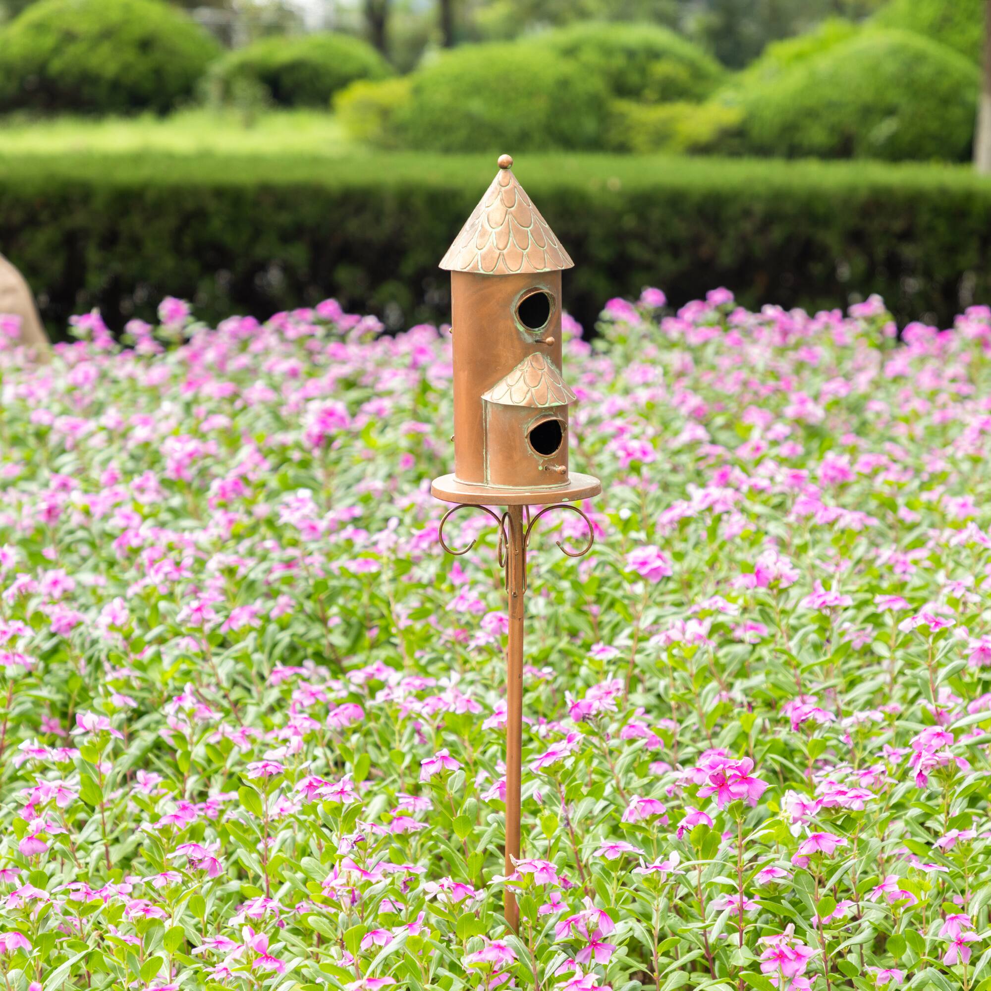 Glitzhome® 53" Farmhouse Faux Copper 2-Tiered Metal Garden Birdhouse with Stake